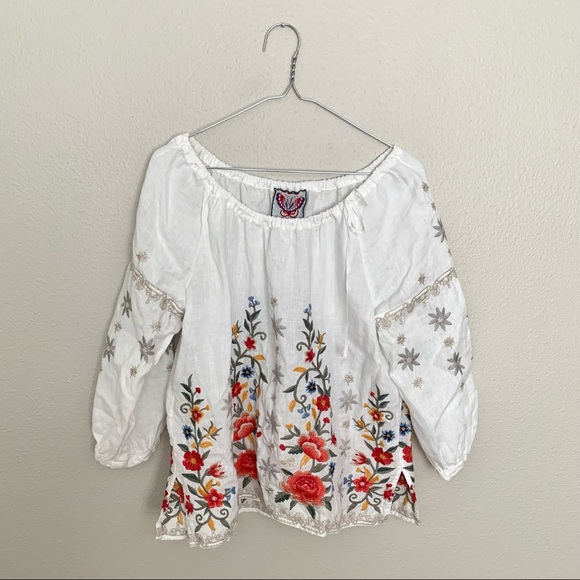 Johnny Was White Linen Hazelton Peasant Tie Blouse - Picture 4 of 9